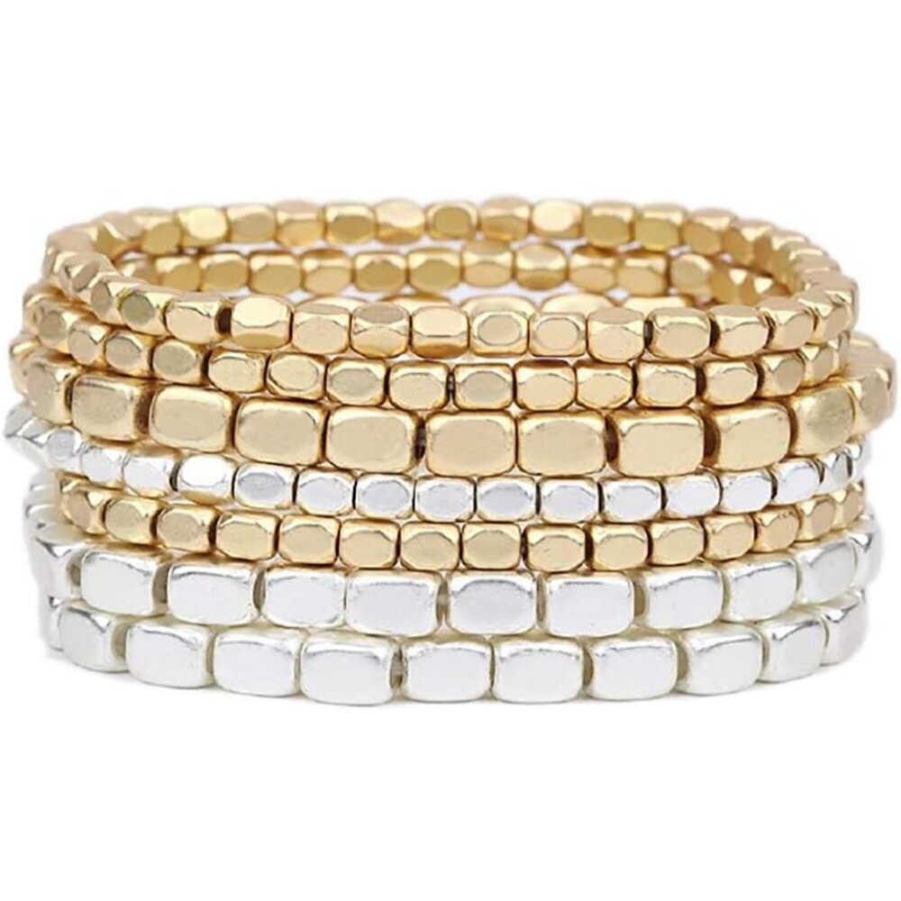 Women's Chunky Nugget Multi Strand Beads Set Of 7 Silver Gold Alloy Bracelets